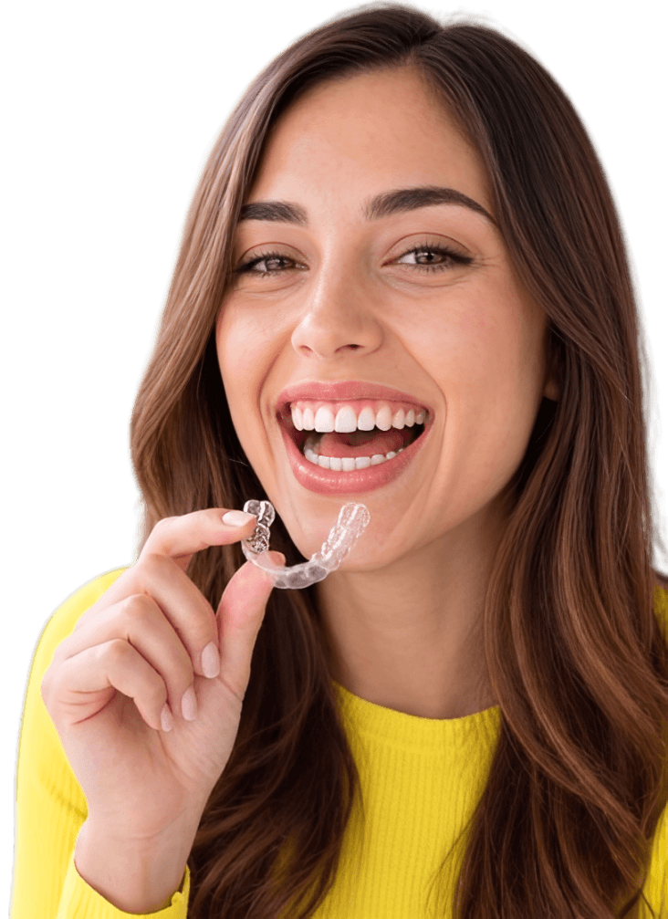 Paciente com sorriso perfeito após tratamento com alinhadores Dental Athena